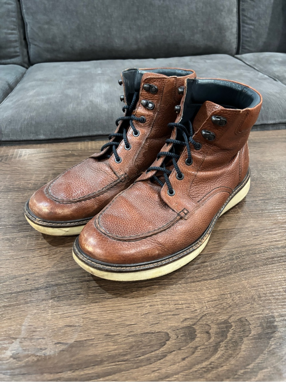 Ecco Brown Leather Moc-Toe Lace-Up Boots with Cream Sole